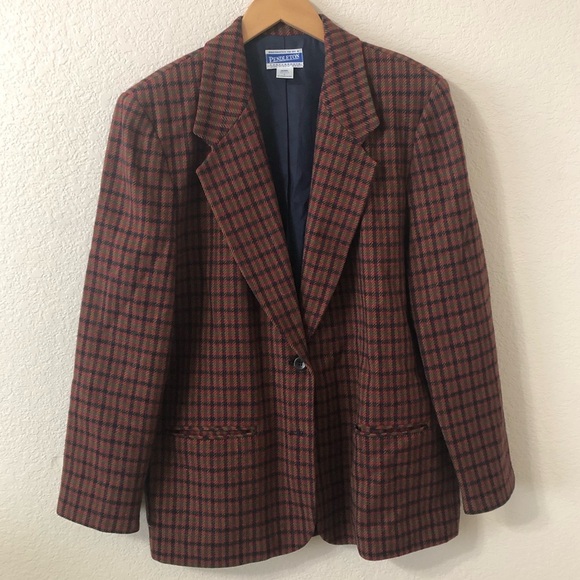 VTG Pendleton Women's Brown Blue Plaid Wool Blazer Jacket - Sz Large - Picture 1 of 7